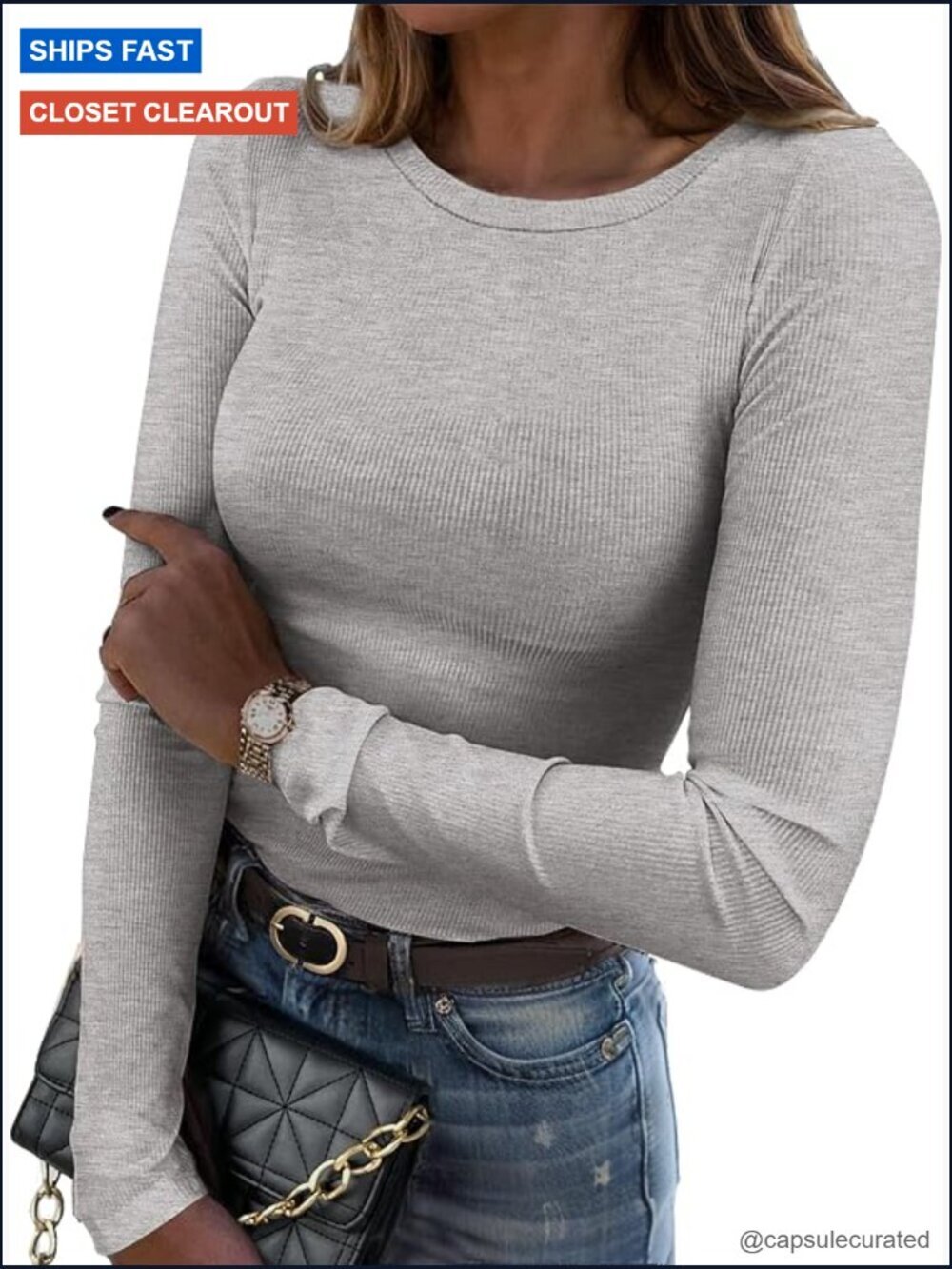 Long Sleeve Stretch Crewneck Ribbed T-Shirt Slim Fit